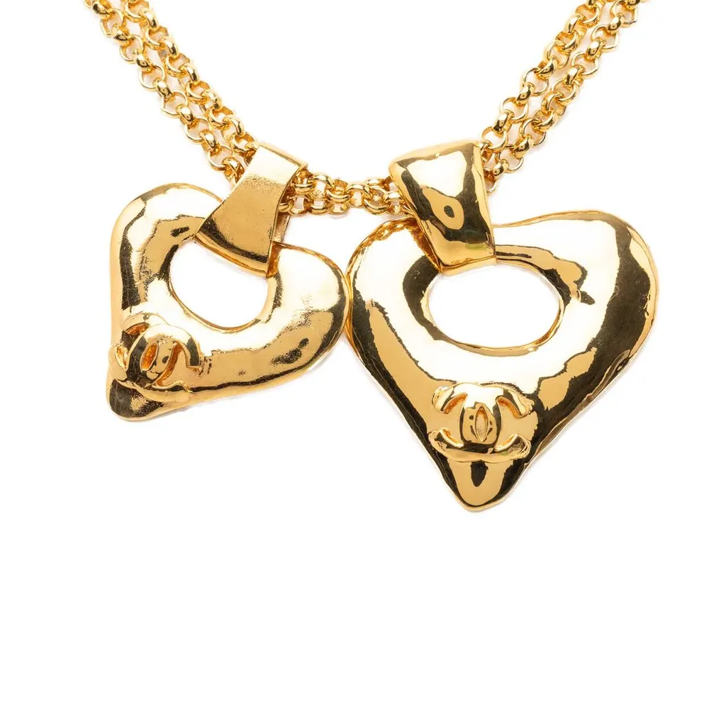 Chanel CC Gold Plated Double Heart Pendant Necklace Gold Metal Very good - Front View