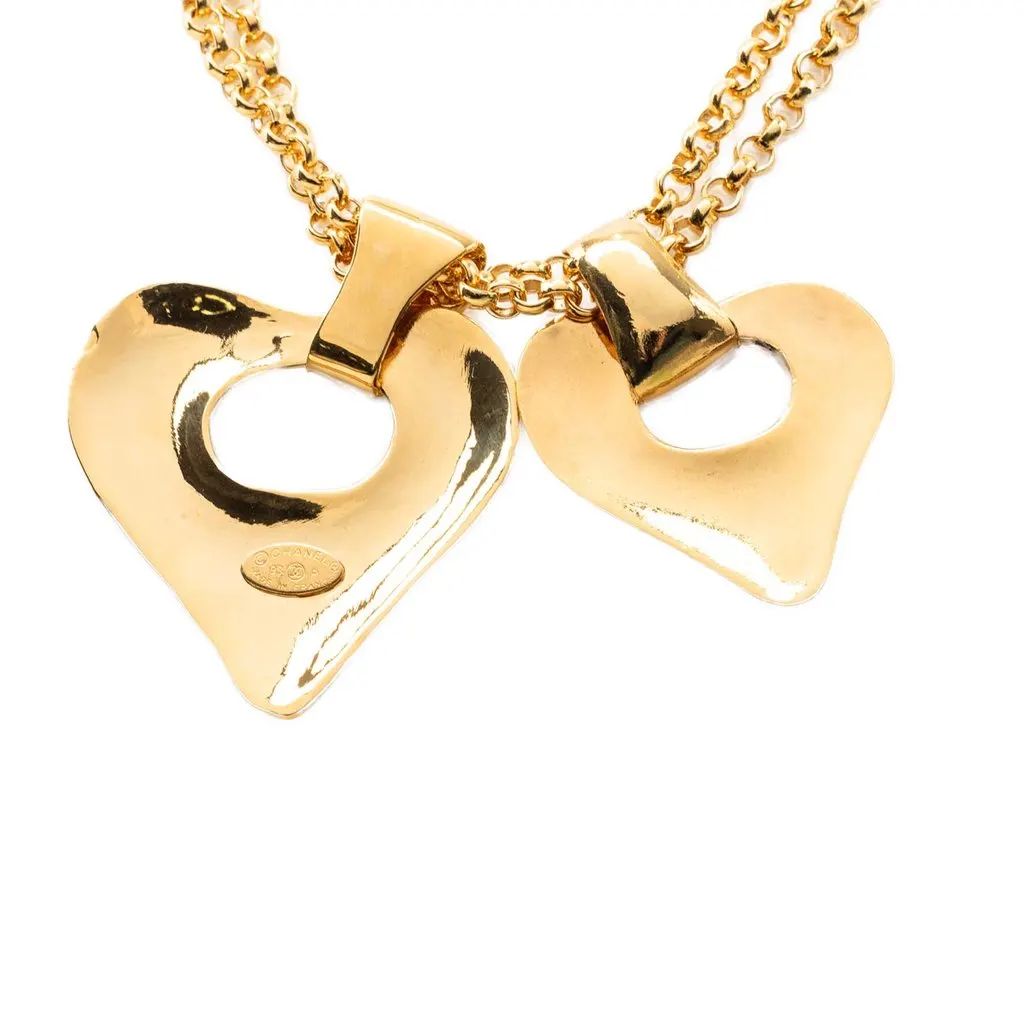 Chanel CC Gold Plated Double Heart Pendant Necklace Gold Metal Very good - Back View