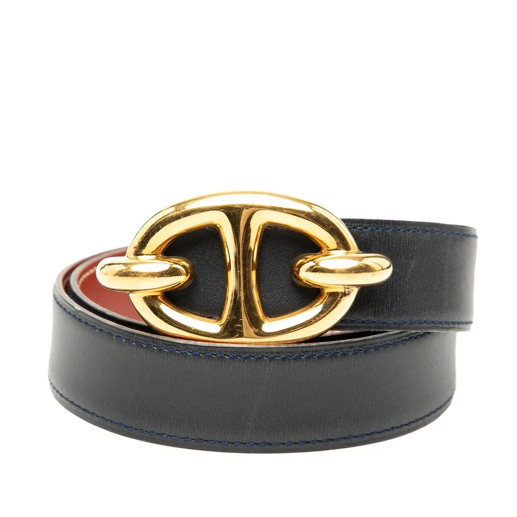 Hermès Box Calf Chaine d Ancre Reversible Belt 65 Blue Leather Very good - Front View