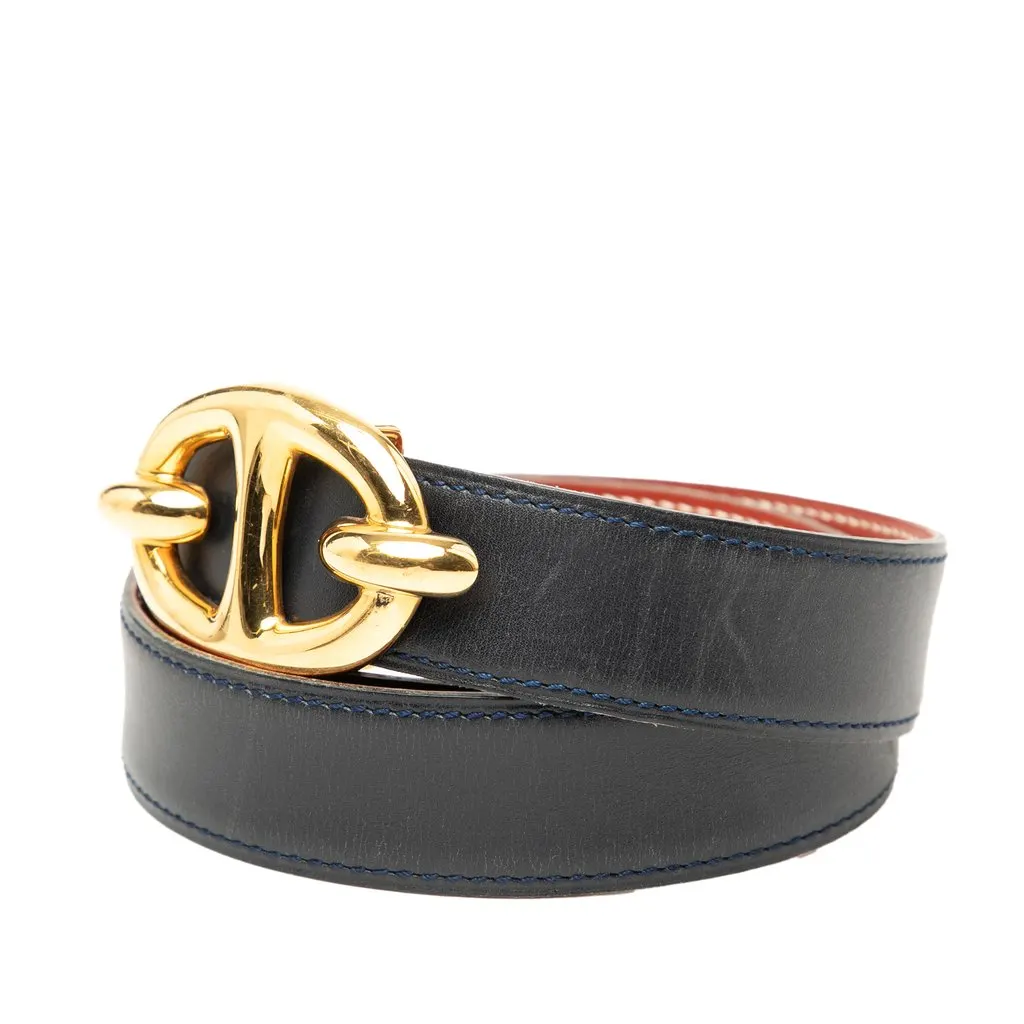 Hermès Box Calf Chaine d Ancre Reversible Belt 65 Blue Leather Very good - Back View