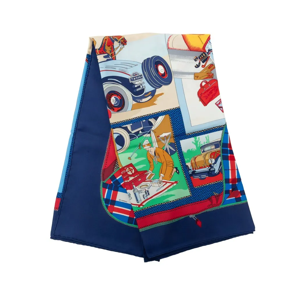 Hermès L Elegance et le Confort en Automobile Silk Scarf 90 Blue Silk Very good - Front View