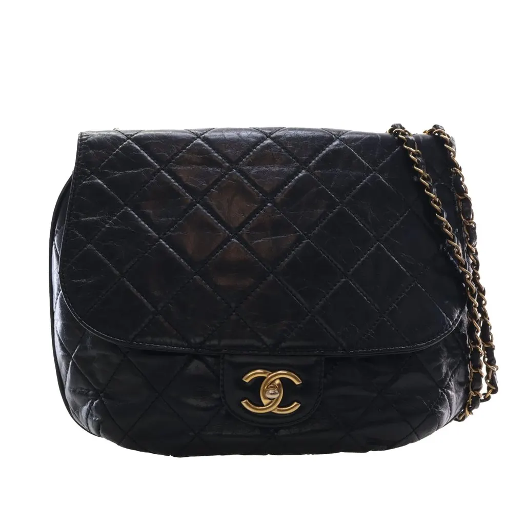 Chanel Medium Quilted Glazed Calfskin Bubble CC Flap Black Leather Very good - Front View