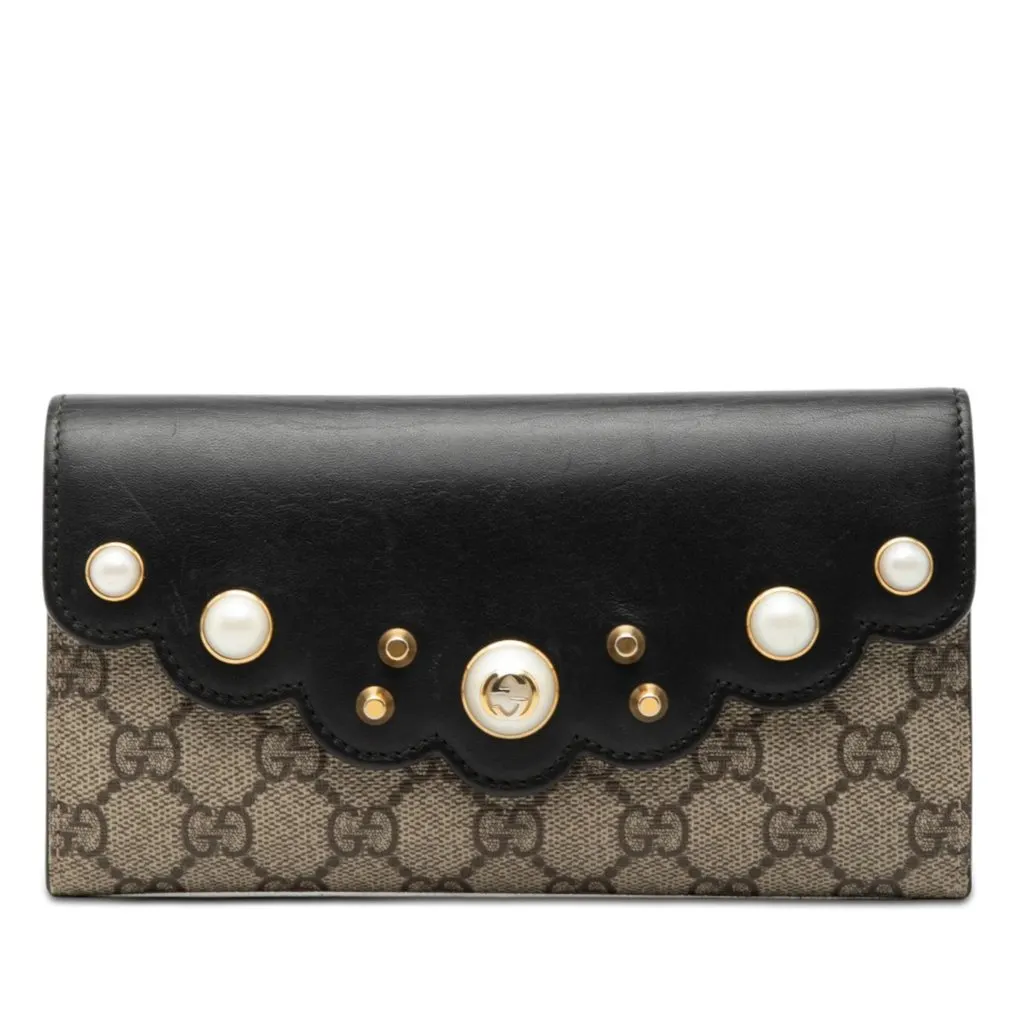 Gucci GG Supreme Pearl Studded Peony Long Wallet Beige Very good - Front View