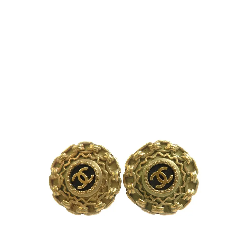 Chanel Gold Plated Resin CC Chain Round Clip On Earrings Gold Metal Very good - Front View