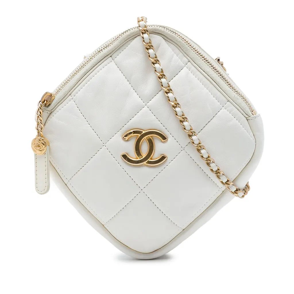 Chanel CC Quilted Lambskin Diamond Clutch with Chain White Leather Very good - Front View