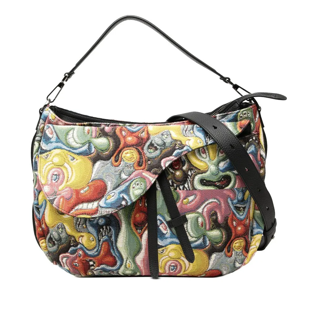 Dior Kenny Scharf Printed Canvas Soft Saddle Satchel Yellow Canvas Good - Front View