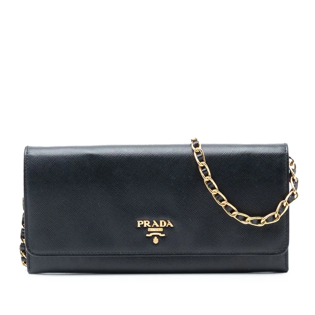 Prada Saffiano Lux Wallet On Chain Black Leather Very good - Front View