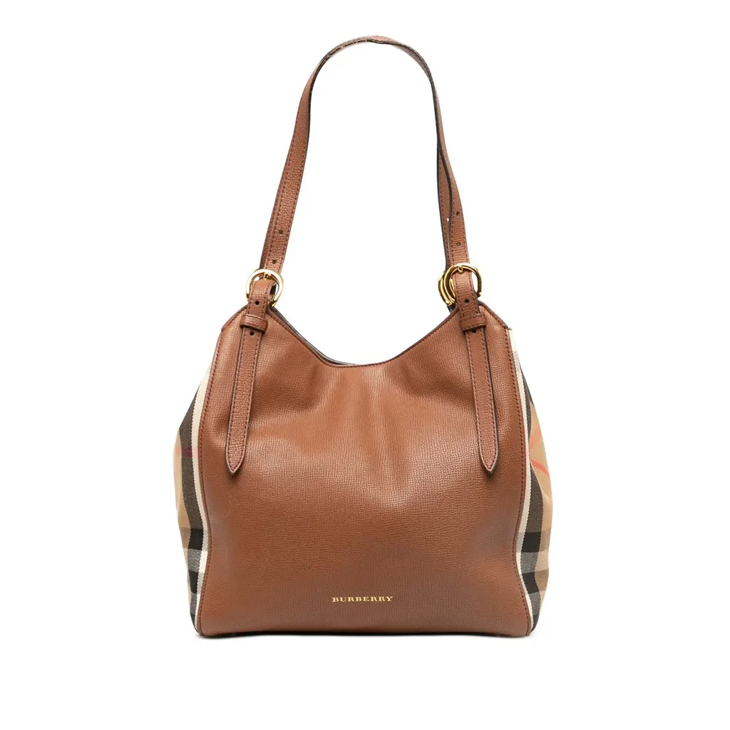 Burberry Small Derby Calfskin and House Check Canvas Canterbury Tote Brown Leather Good - Front View