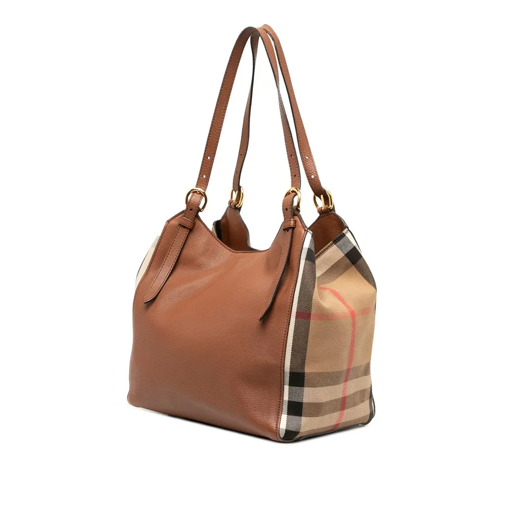 Burberry Small Derby Calfskin and House Check Canvas Canterbury Tote Brown Leather Good - Back View
