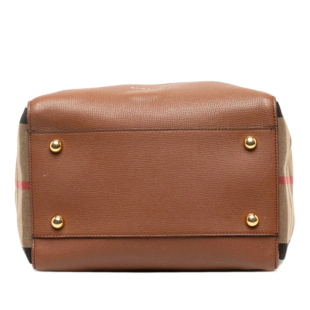 Burberry Small Derby Calfskin and House Check Canvas Canterbury Tote Brown Leather Good - Inside View