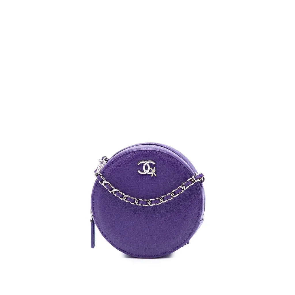 Chanel CC Goatskin Round Ski Clutch with Chain Purple Leather Very good - Front View