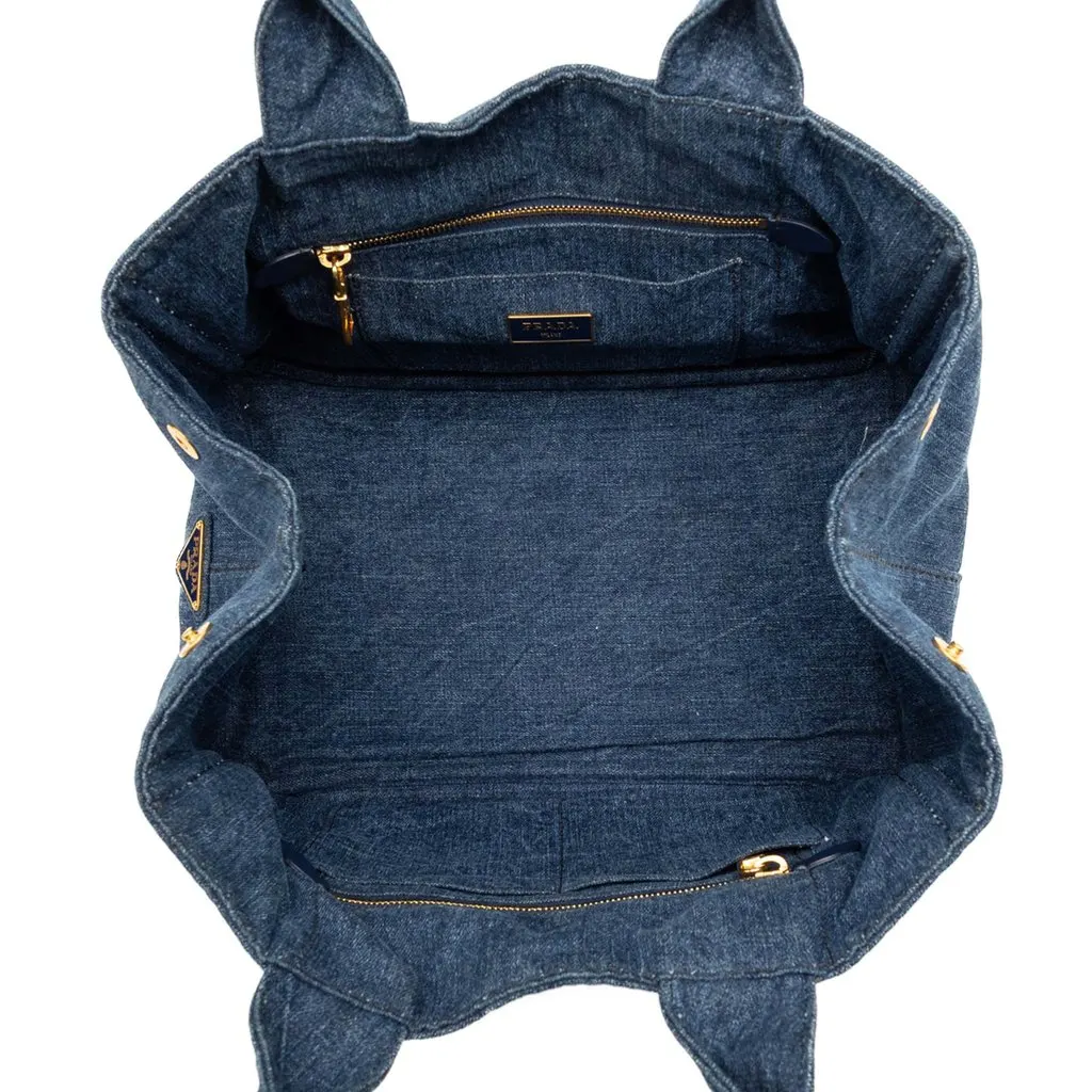 Prada Denim Canapa Logo Tote Blue Very good - Model View