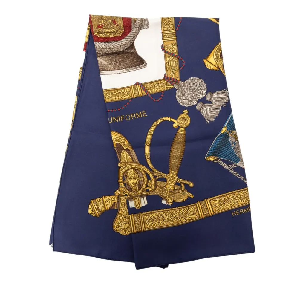 Hermès Grand Uniforme Silk Scarf 90 Blue Very good - Front View