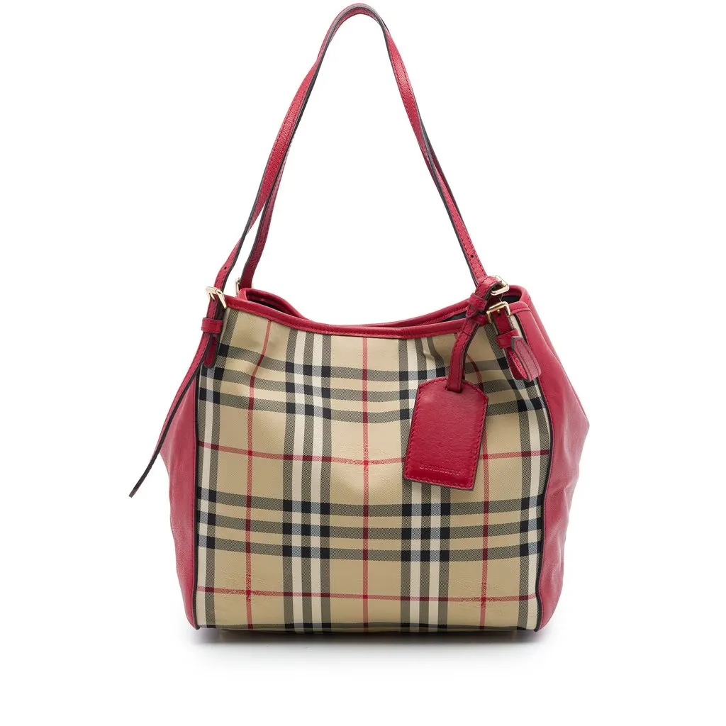 Burberry Small Haymarket Check Nylon and Calfskin Canterbury Tote Beige Very good - Front View