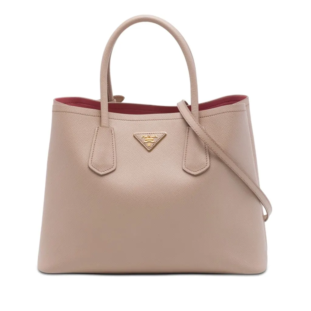 Prada Medium Saffiano Cuir Double Satchel Beige Leather Very good - Front View