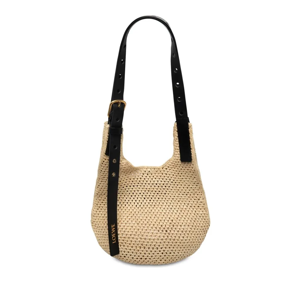 Loewe Small Raffia Punch Hole Hobo Beige Rattan Very good - Front View