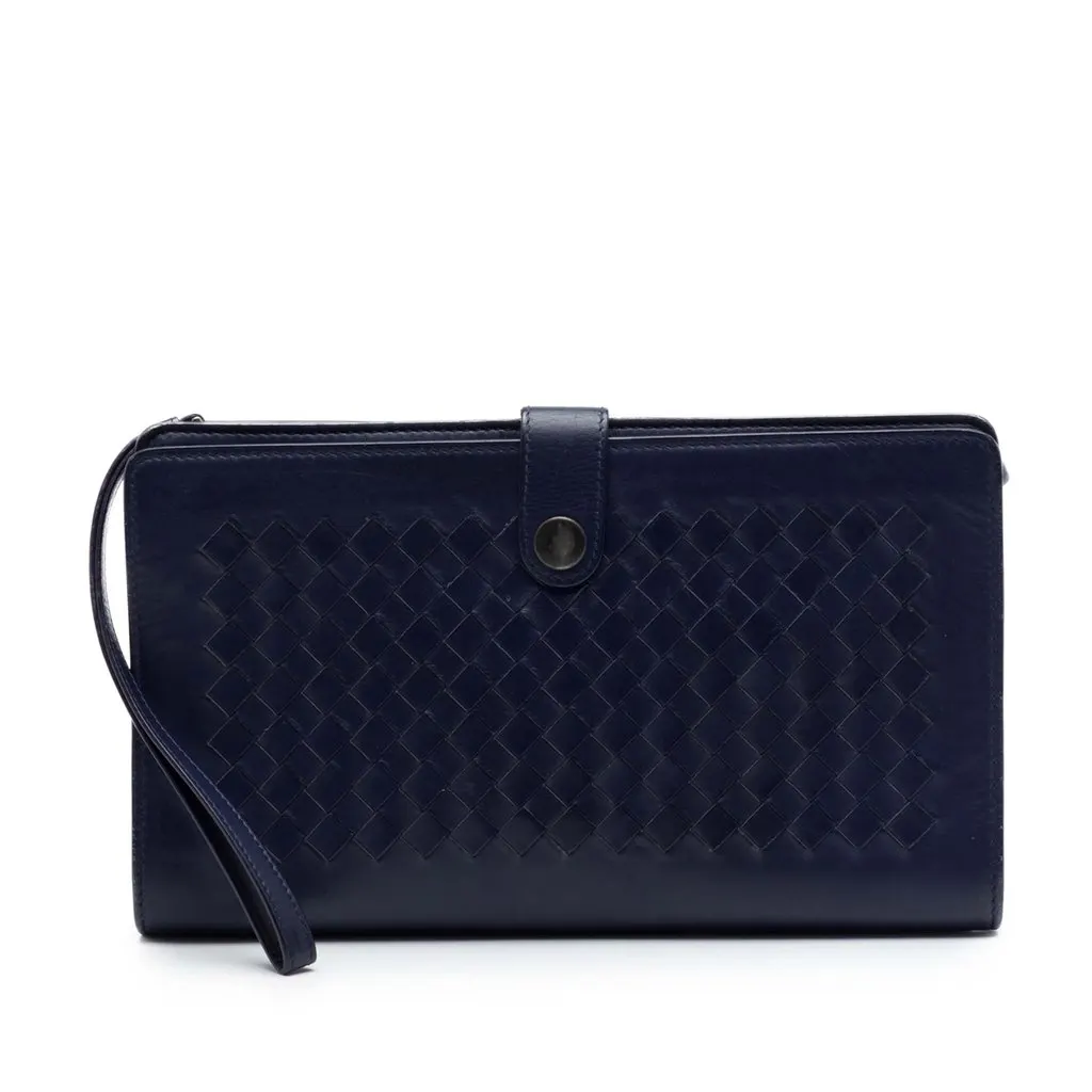 Bottega Veneta Nappa Intrecciato Trimmed Clutch Blue Leather Very good - Front View