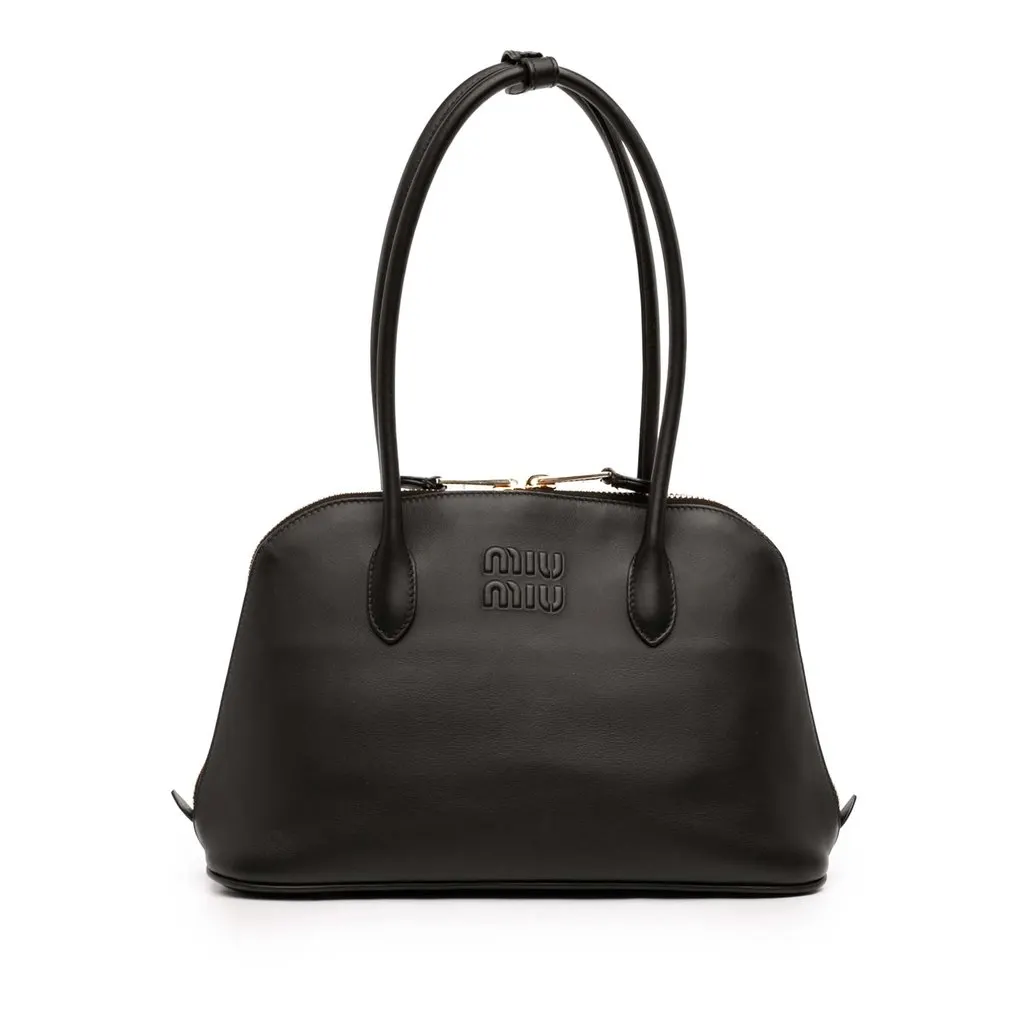 Miu Miu Softy Calfskin Embossed Logo Shoulder Bag Black Leather Very good - Front View