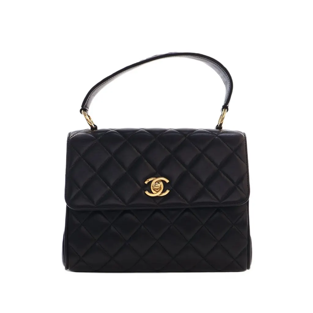 Chanel Mini Quilted Lambskin Kelly Top Handle Bag Black Leather Good - Front View