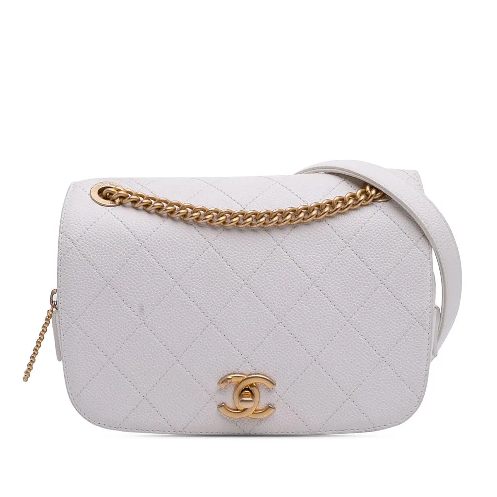 Chanel CC Quilted Caviar Turnlock Full Flap White Leather Very good - Front View