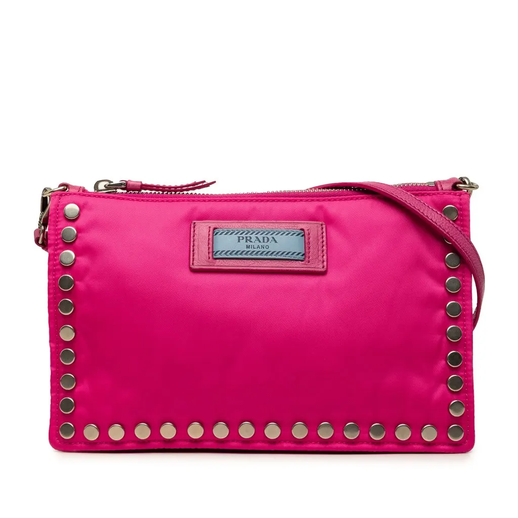 Prada Tessuto Studded Etiquette Shoulder Bag Pink Very good - Front View