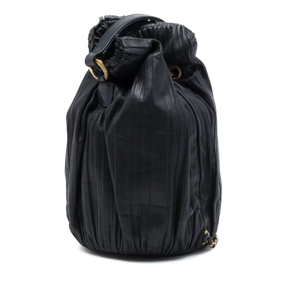 Chanel Small Calfskin Coco Pleats Drawstring Backpack Black Leather Very good - Back View