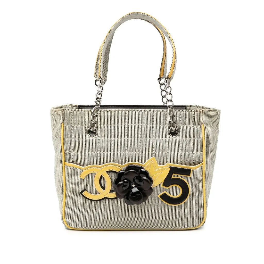 Chanel CC Camellia No. 5 Choco Bar Canvas Tote Silver Very good - Front View