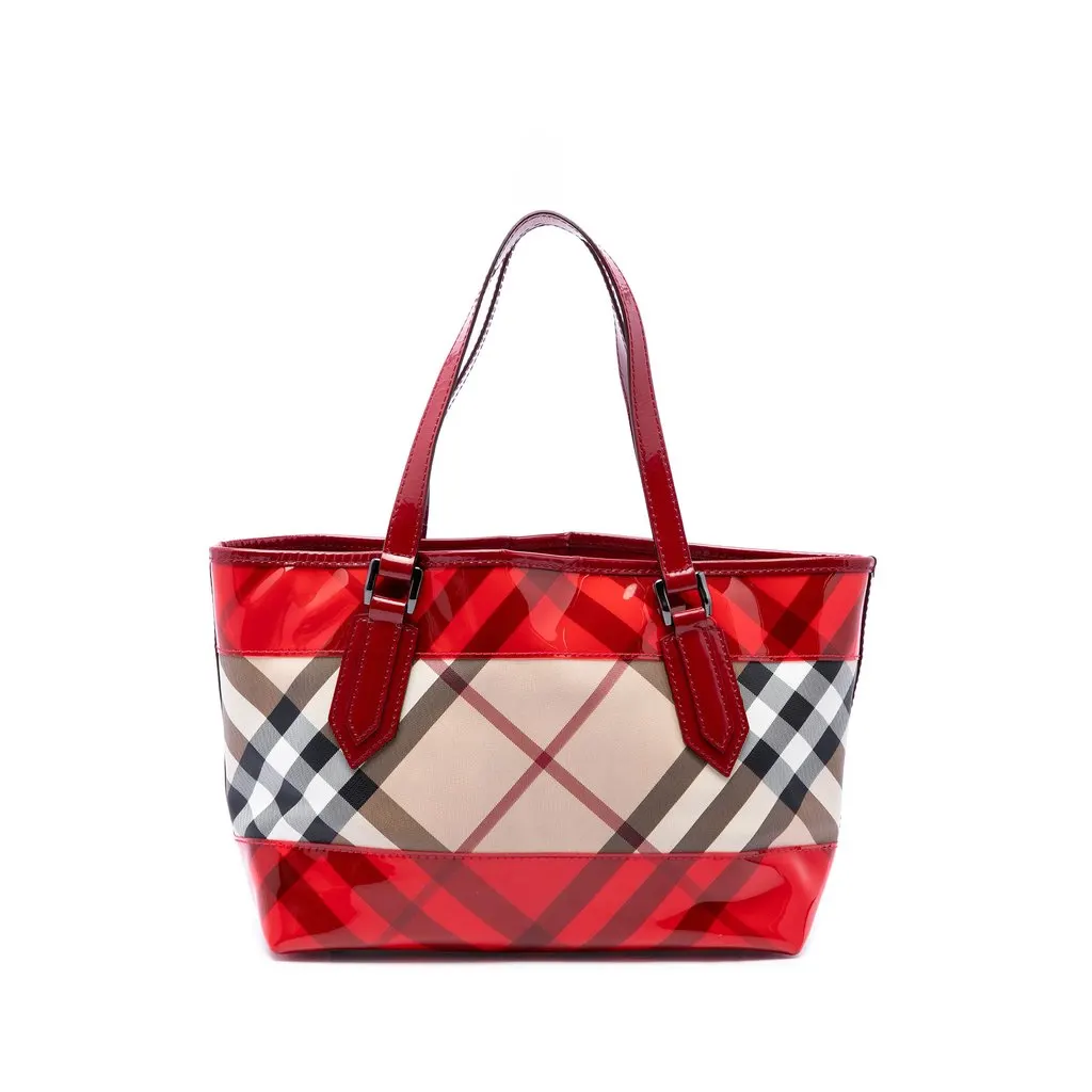 Burberry Vinyl Trimmed Supernova Check Coated Canvas Tote Beige Very good - Front View