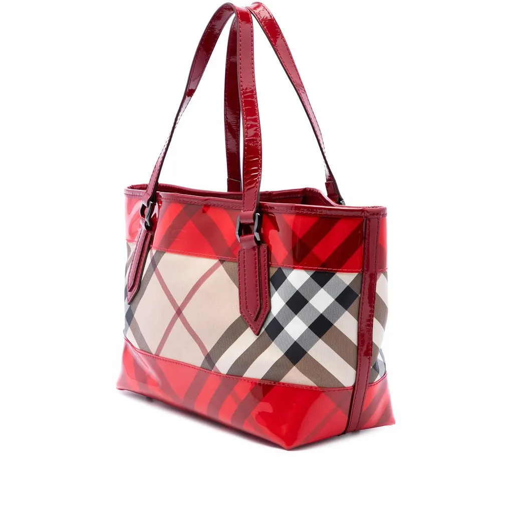 Burberry Vinyl Trimmed Supernova Check Coated Canvas Tote Beige Very good - Back View
