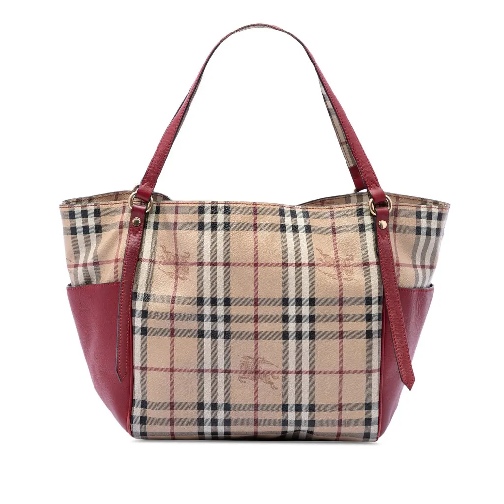 Burberry Small Leather Trimmed Haymarket Check Coated Canvas Canterbury Tote Beige Very good - Front View