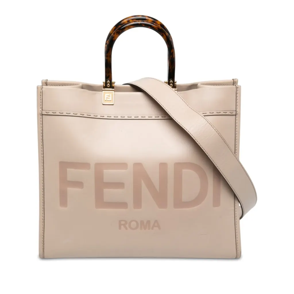 Fendi Medium Leather Sunshine Shopper Tote Beige Leather Good - Front View