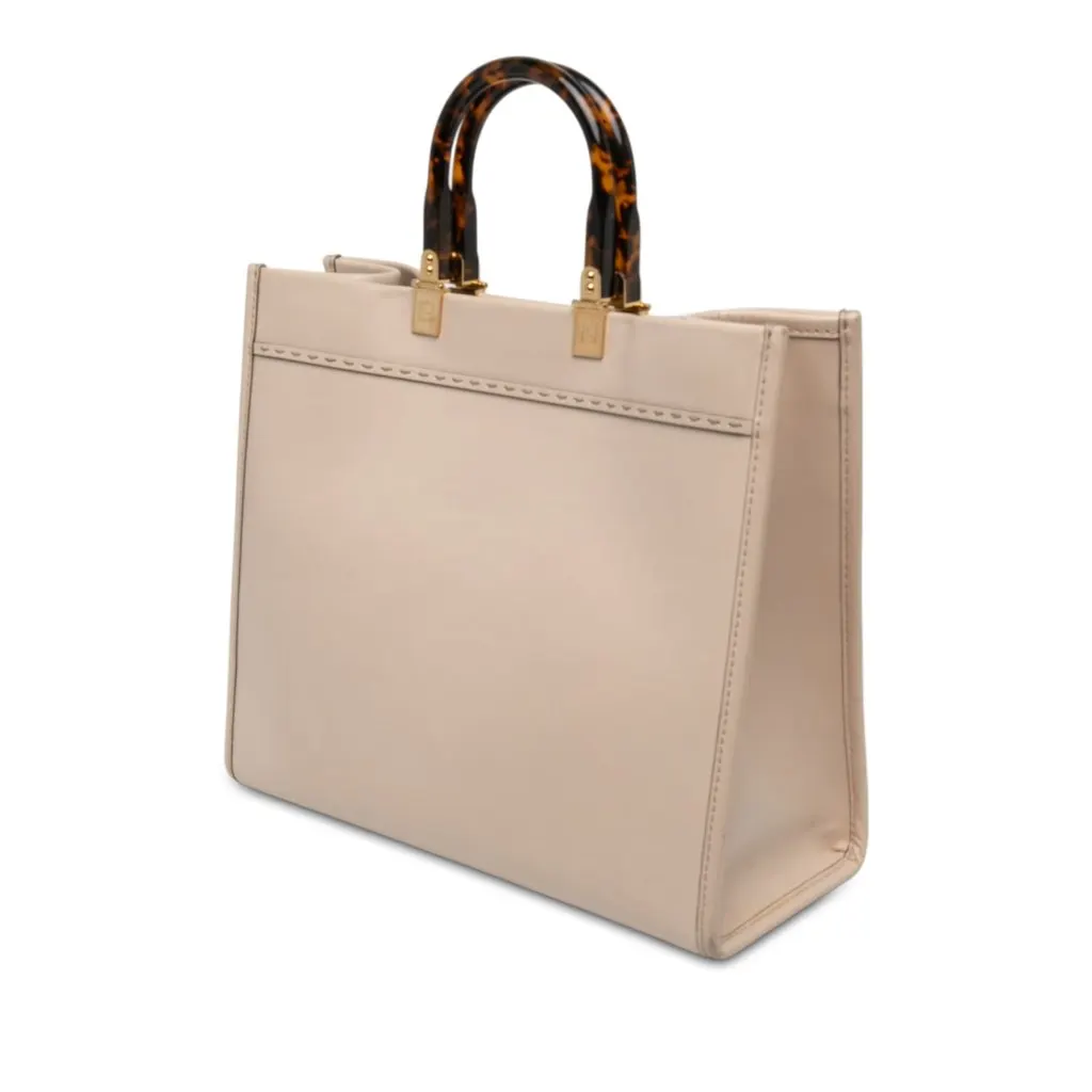 Fendi Medium Leather Sunshine Shopper Tote Beige Leather Good - Back View