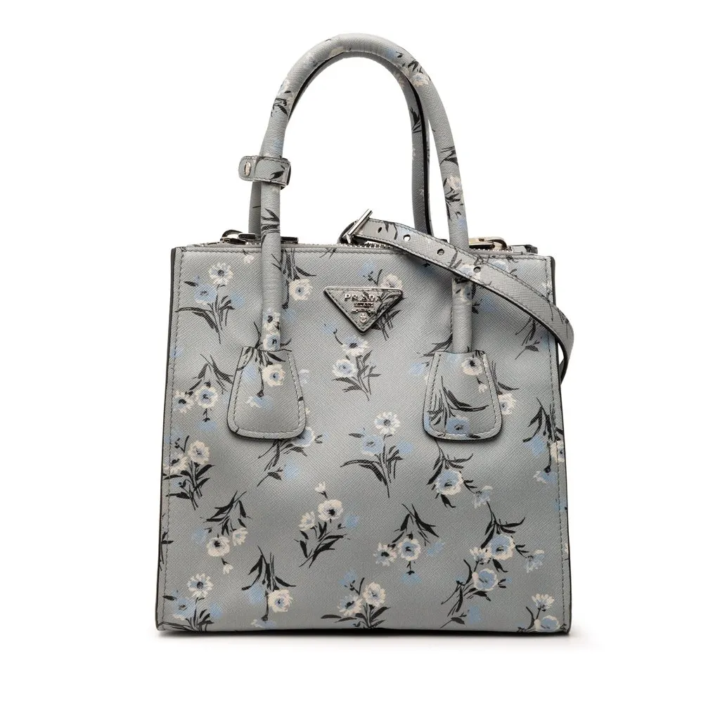 Prada Saffiano Floral Print Twin Pocket Satchel Grey Leather Very good - Front View