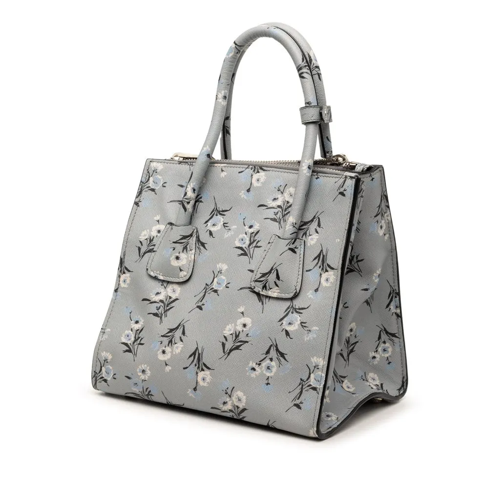 Prada Saffiano Floral Print Twin Pocket Satchel Grey Leather Very good - Back View