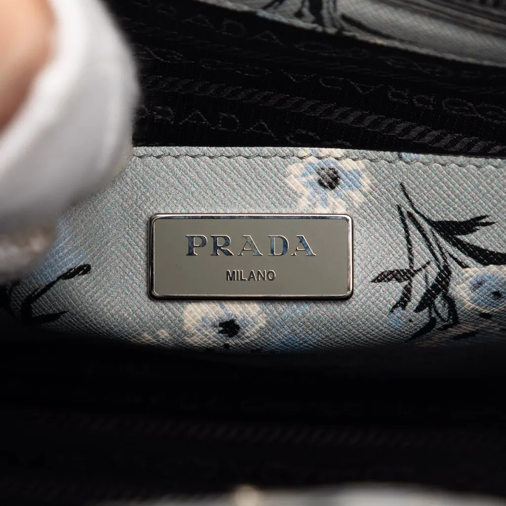 Prada Saffiano Floral Print Twin Pocket Satchel Grey Leather Very good - Box View