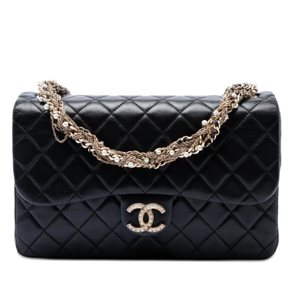 Chanel Medium Quilted Lambskin Westminster Pearl Flap Black Leather Very good - Front View