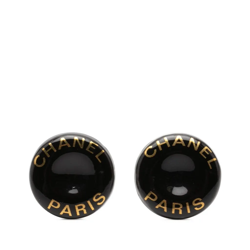 Chanel CC Resin and Brass Logo Print Clip On Earrings Black Plastic Very good - Front View