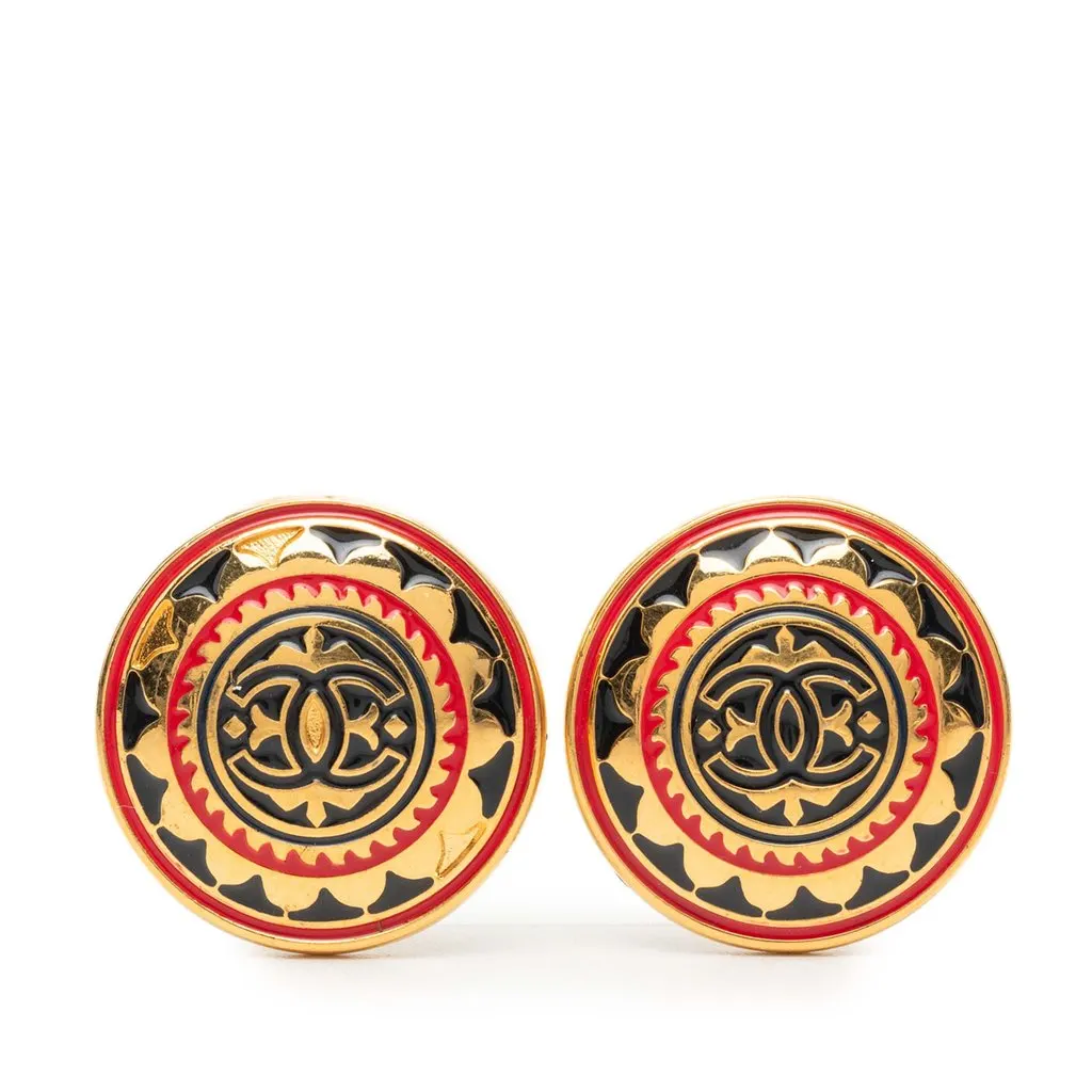 Chanel CC Gold Plated Enamel Round Clip On Earrings Gold Metal Very good - Front View