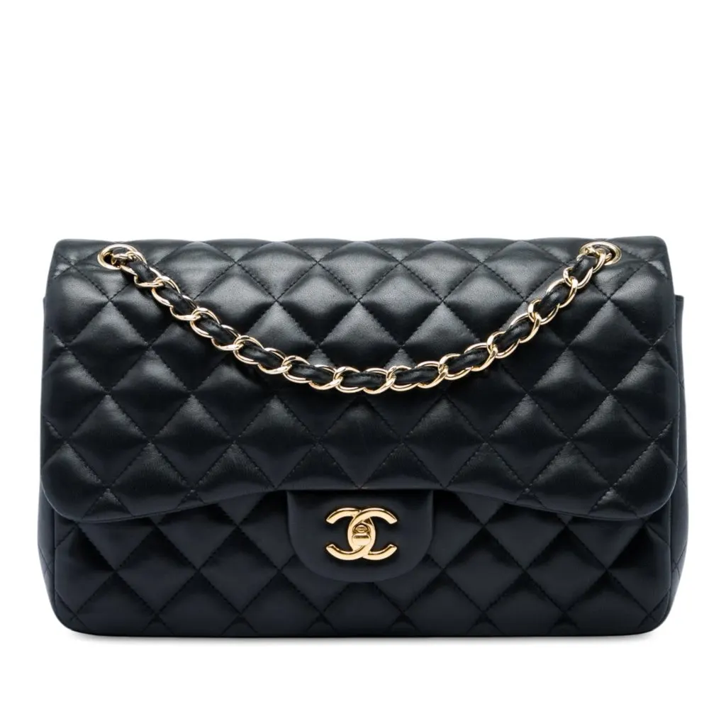 Chanel Jumbo Classic Lambskin Double Flap Black Leather Very good - Front View