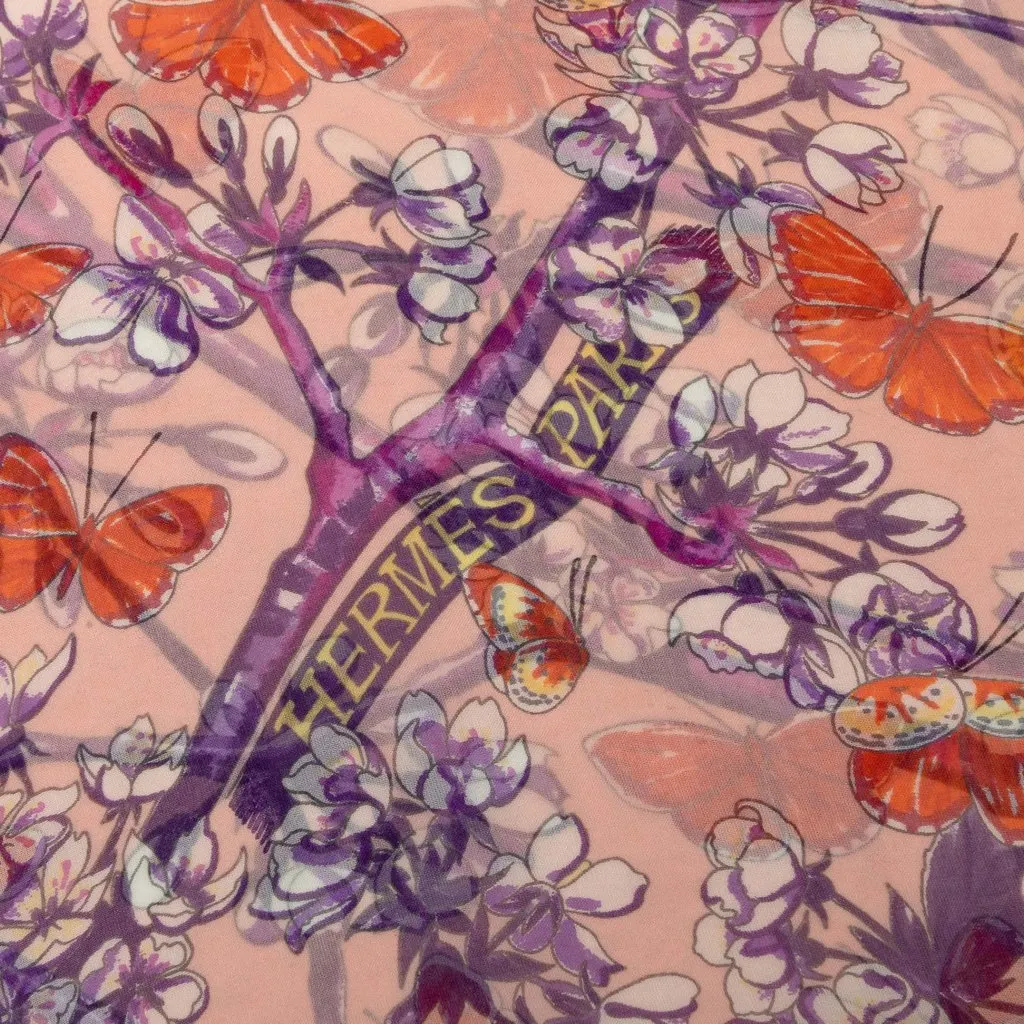 Hermès Vol Amoureux des Azures Mousseline Silk Scarf 90 Pink Silk Good - Model View