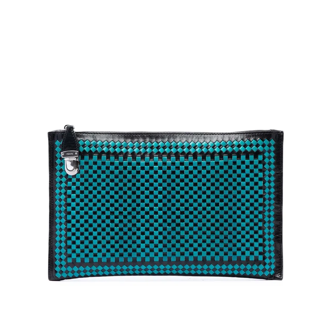Prada Woven Goatskin Madras Zip Clutch Blue Leather Very good - Front View