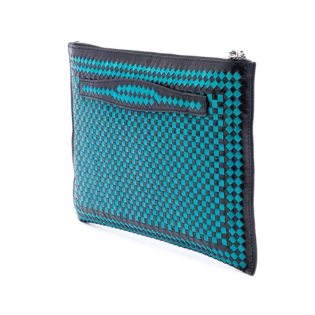Prada Woven Goatskin Madras Zip Clutch Blue Leather Very good - Back View
