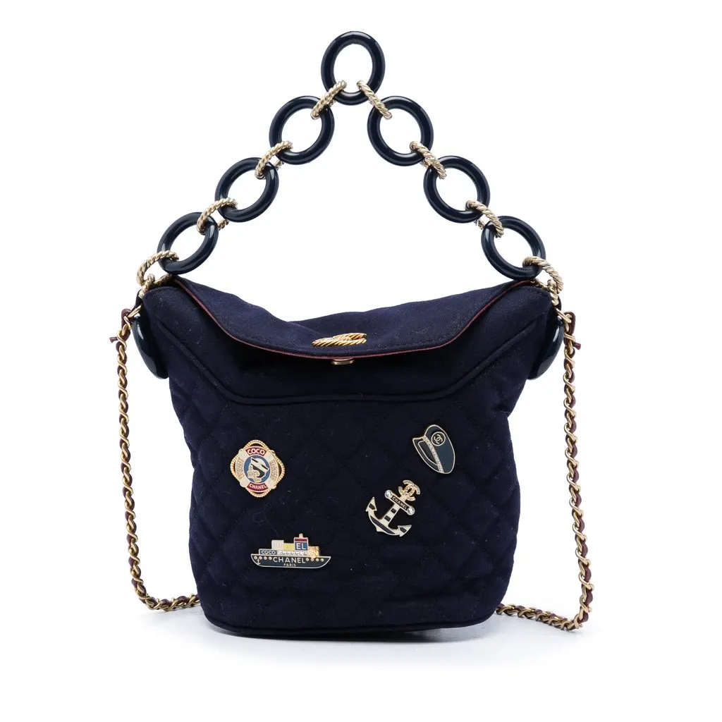 Chanel Paris Hamburg Quilted Wool Coco Sailor Charms Bucket Bag Blue Wool Very good - Front View