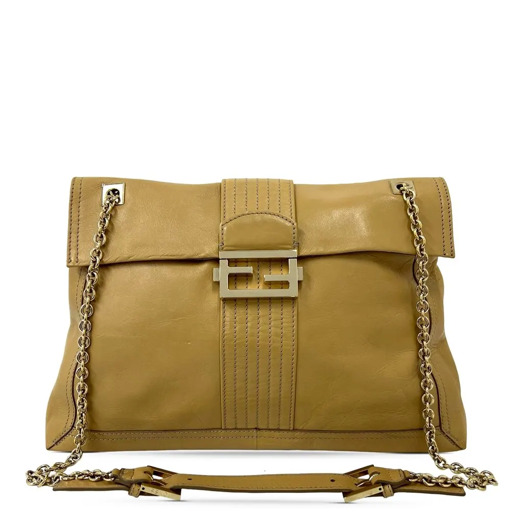 Fendi Leather Maxi Baguette Flap Bag Brown Leather Very good - Front View