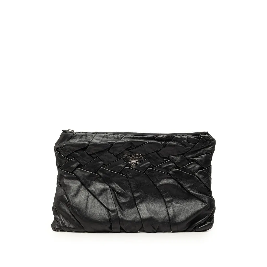 Prada Calfskin Diamond Pleated Clutch Black Leather Very good - Front View