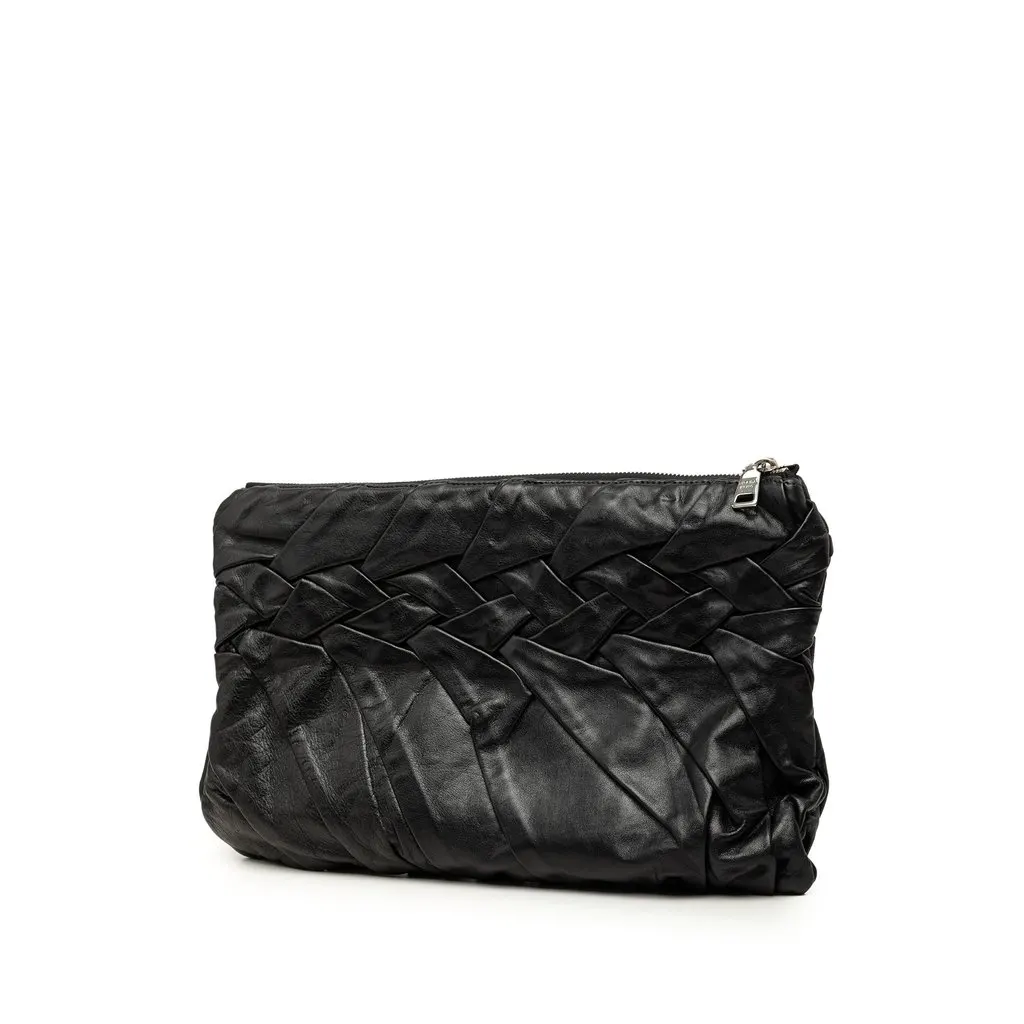 Prada Calfskin Diamond Pleated Clutch Black Leather Very good - Back View