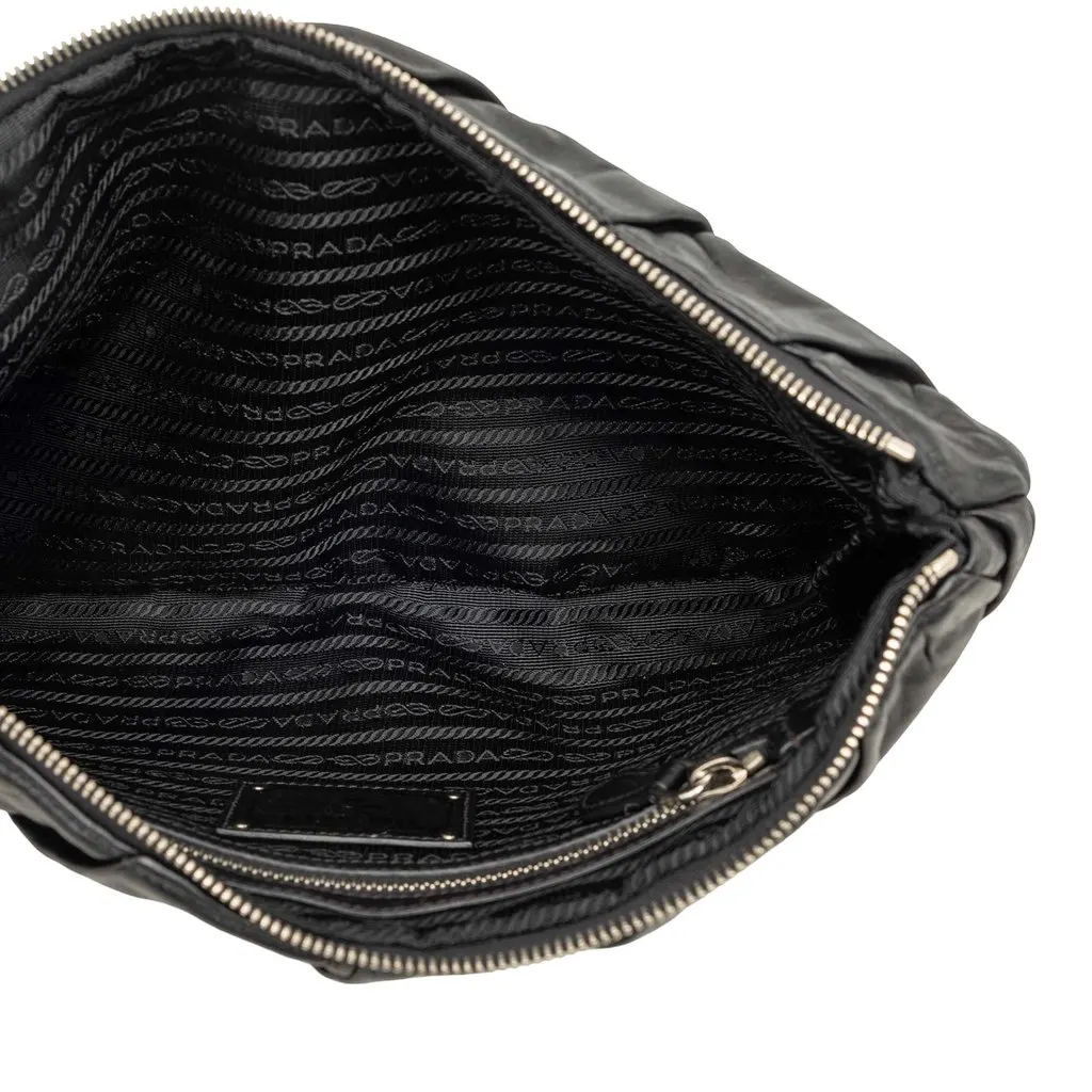 Prada Calfskin Diamond Pleated Clutch Black Leather Very good - Model View