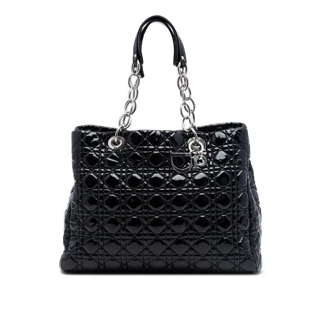 Dior Large Patent Cannage Lady Dior Soft Shopping Tote Black Leather Very good - Front View