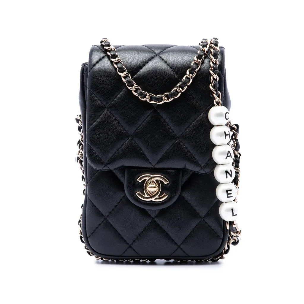 Chanel Quilted Lambskin My Precious Pearls Phone Holder with Chain Black Leather Very good - Front View