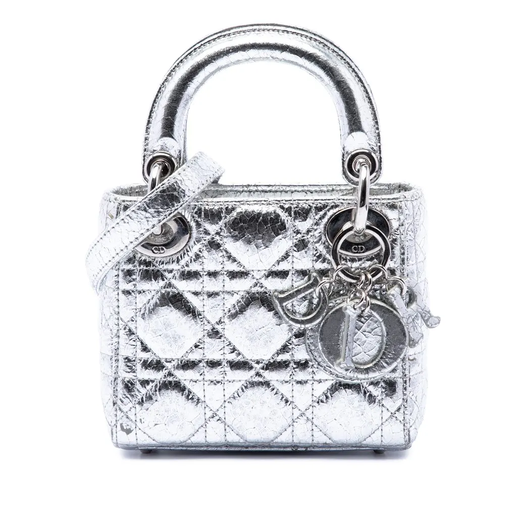 Dior Micro Metallic Crinkled Calfskin Cannage Lady Dior Silver Leather Very good - Front View